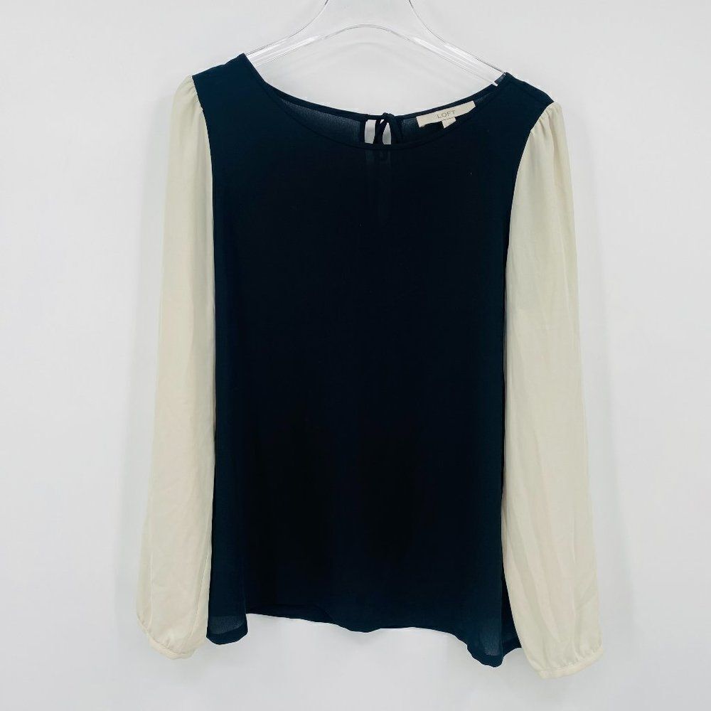 LOFT Size Large Black & White Long Sleeve Color Block Blouse Top Career